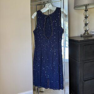 vintage 100% silk Roberta sequin sparkle mini dress beaded cocktail navy blue